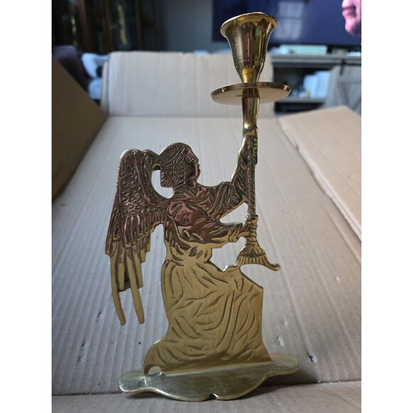 Hosley Lacquered Solid Brass Angel Candle Holder Made in India 10" x 5.5" Decor - Picture 2 of 6